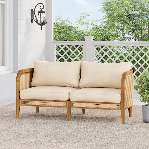 Andrew Faux Rattan and Solid Wood Outdoor Patio loveseat with Beige Cushions, Teak