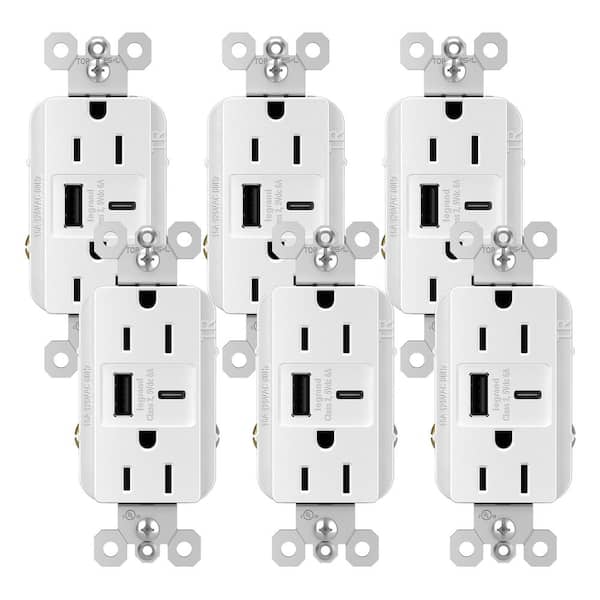 radiant 15 Amp 125-Volt Decorator Duplex Outlet with 6.0 Amp Type A/C USB, White (6 Pack)
