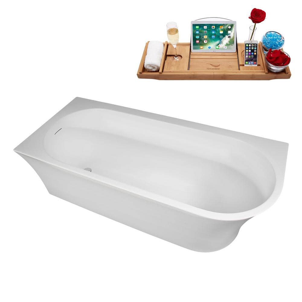67" Glossy White Acrylic Freestanding Soaking Tub with Tray