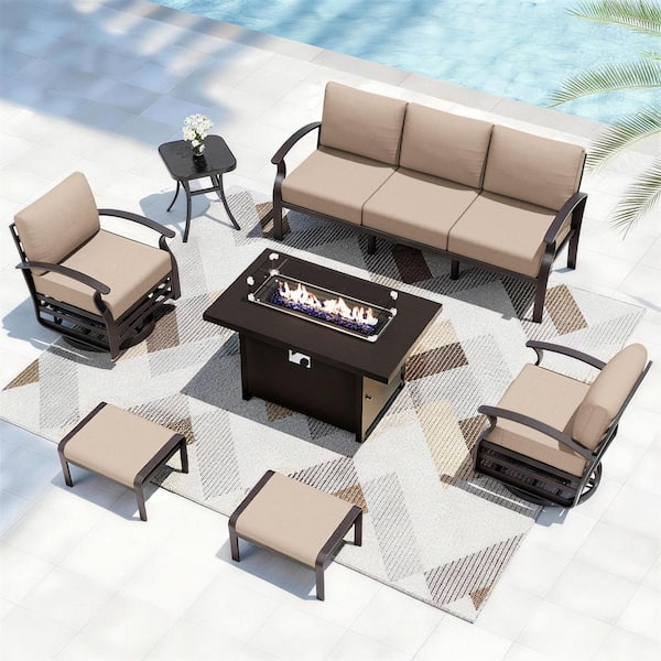 7-Piece Aluminum Patio Conversation Set with 2 Swivel Rocking Chairs, 2 Ottomans, a Fire Pit Table and Khaki Cushions