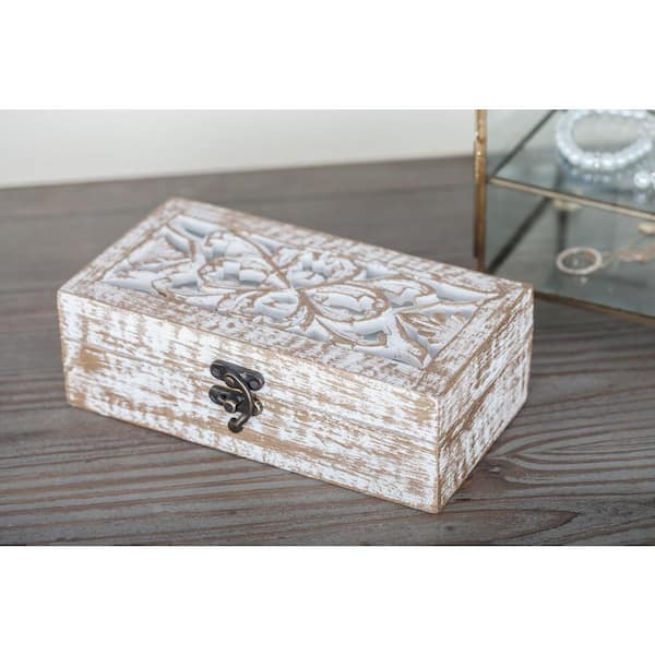 Litton Lane Rectangle Mango Wood Handmade Floral Box with Hinged Lid (Set of 3)