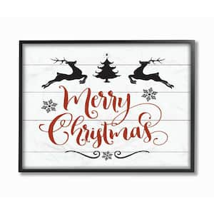 16 in. x 20 in. "Merry Christmas Elegant Reindeer Black White and Red" by Artist Lettered and Lined Framed Wall Art