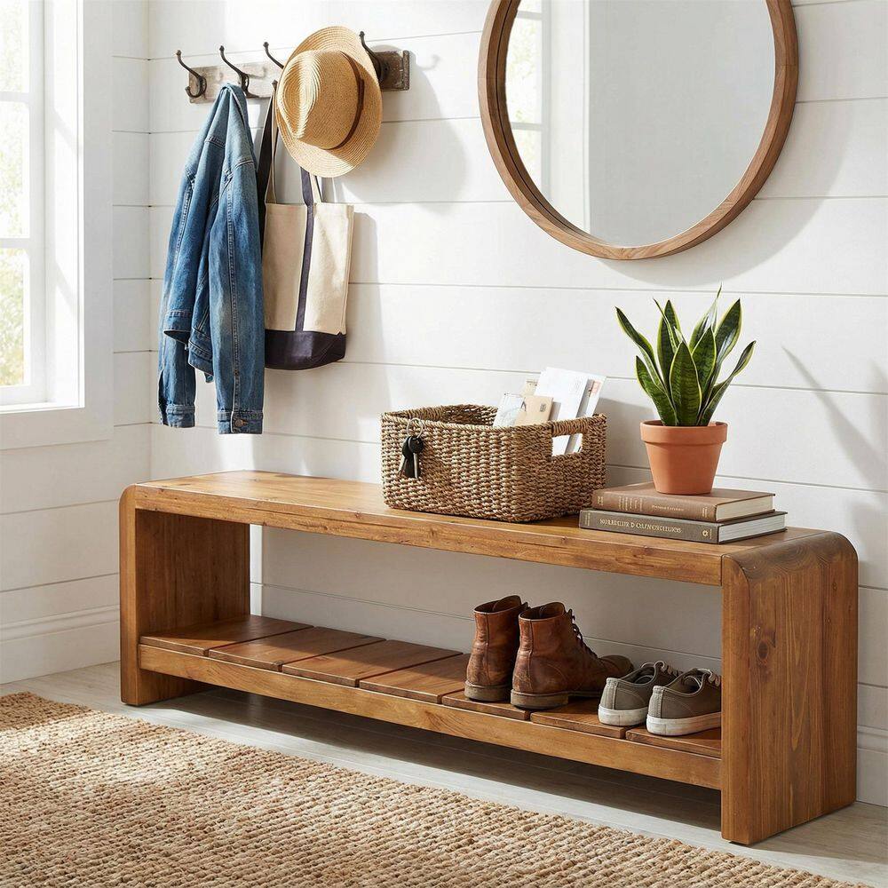 59 in. Brown Solid Wood Entryway Bench, Long Dining Bench Indoor Bench Seating 2-Tier Shoe Bench with Storage