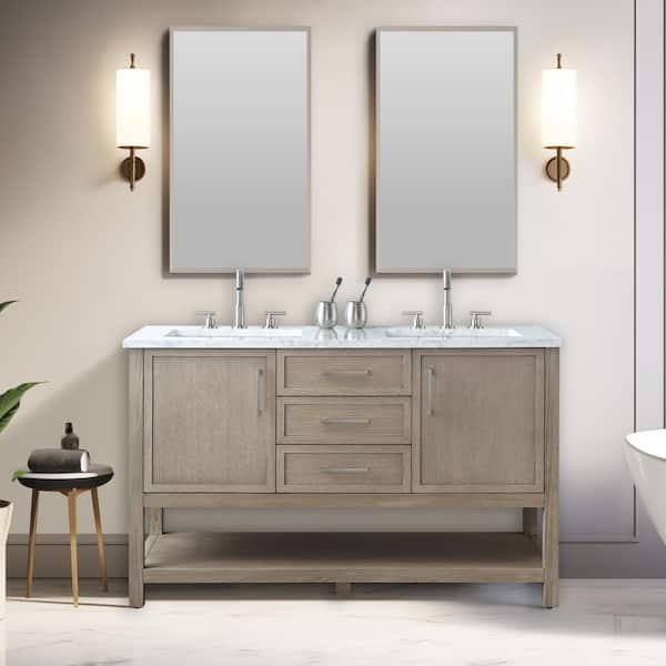 Oliver 54 in. W Bath Vanity in Vintage Gray with Engineered Stone Top in Arabescato with White Sinks