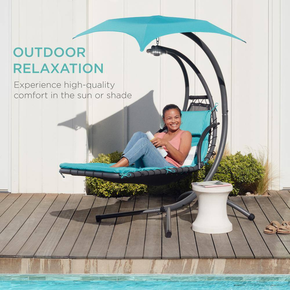 Teal Hanging LED-Lit Curved Chaise Lounge Chair with Canopy and Stand