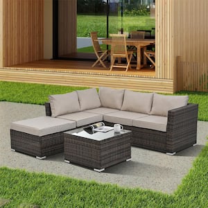 4-Pieces Patio PE Wicker Outdoor Sofa Sectional Set with Tempered Glass Coffee Table and Beige Cushions