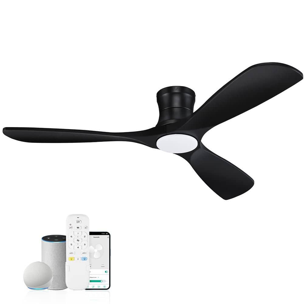 52 in. All Black 3 Wood Blades Flush Mount Ceiling Fan with Lights, WiFi Alexa App Compatible & Remote Included price history on PriceWatchPro