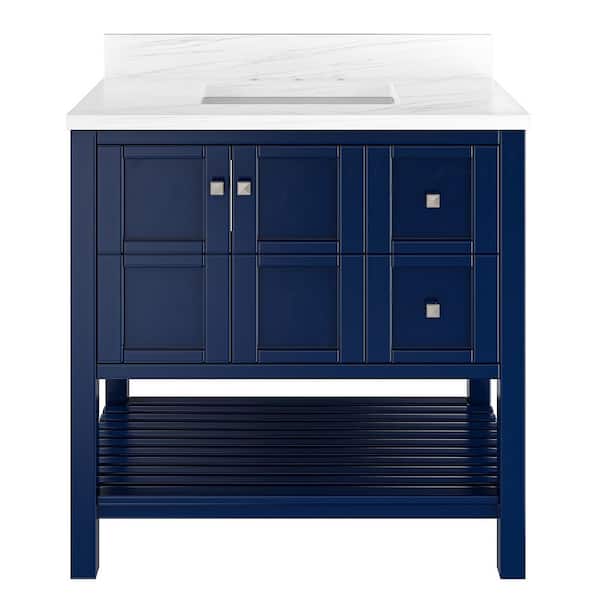 VANITYFUS Solid Wood 36 in. W x 22 in. D x 39.3 in. H Single Sink Bath Vanity in Navy Blue with Carrara White Natural Marble Top