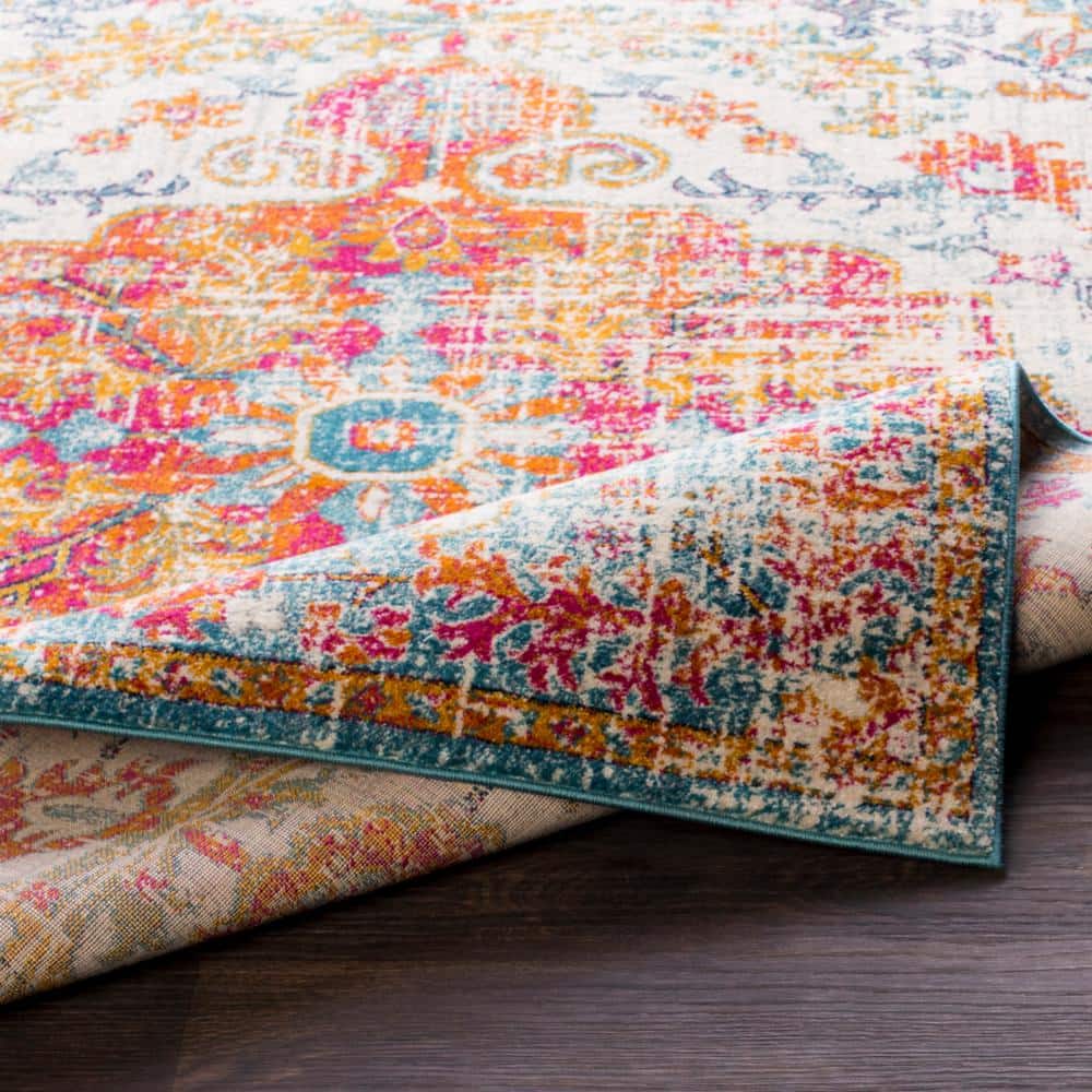 Odelia Orange and Aqua Vintage Medallion Area Rug 7'10" x 10'2"
