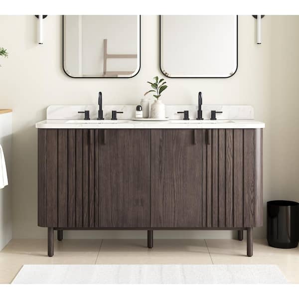 Avanity Blakely 61 in. Double Sink Brown Oak Bath Vanity with Calacatta White Quartz Top