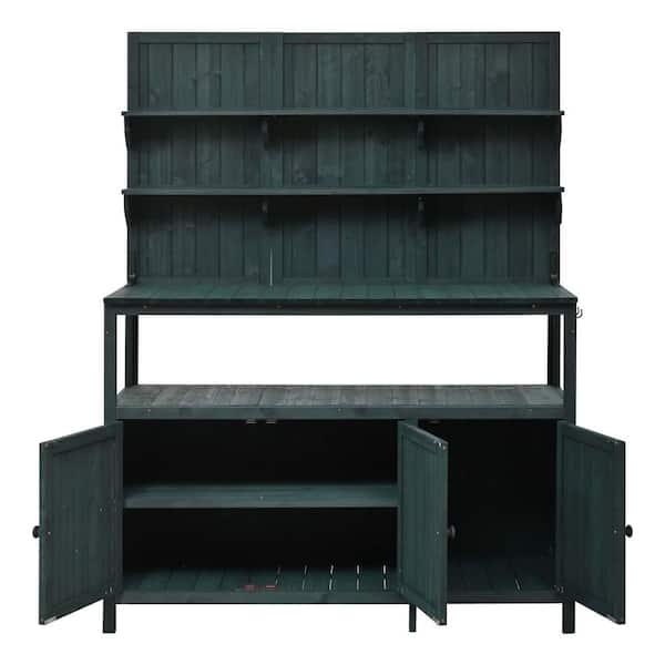 Zeus & Ruta 50.2 in. W x 65.4 in. H Forest Green Garden Potting Bench Table with 2 Shelves, 2 Cabinets, 3 Side Hooks