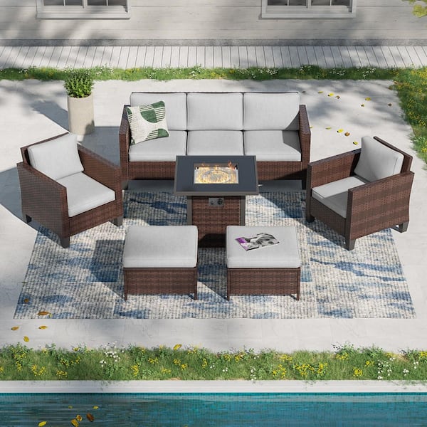 Sonkuki 6-Pieces Patio Conversation Set with Square Fire Pit Table and Ottomans, PE Brown Wicker Sofa with Linen Gray Cushion