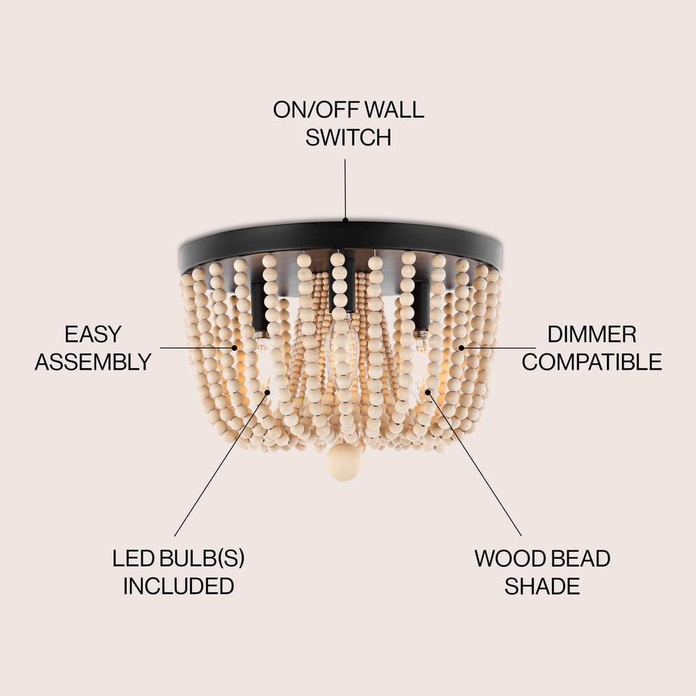 Bronze Bohemian Iron and Wood Bead LED Flush Mount Light