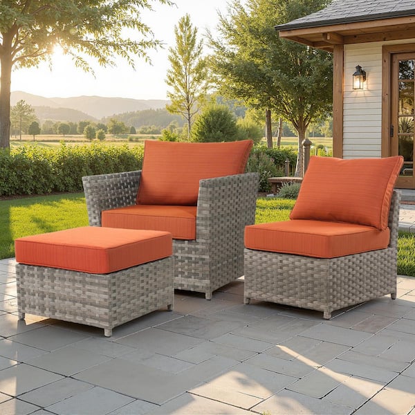 Cinnamon 3 Pieces Wicker Patio Conversation Seating Sofa Set with Orange Red Cushions
