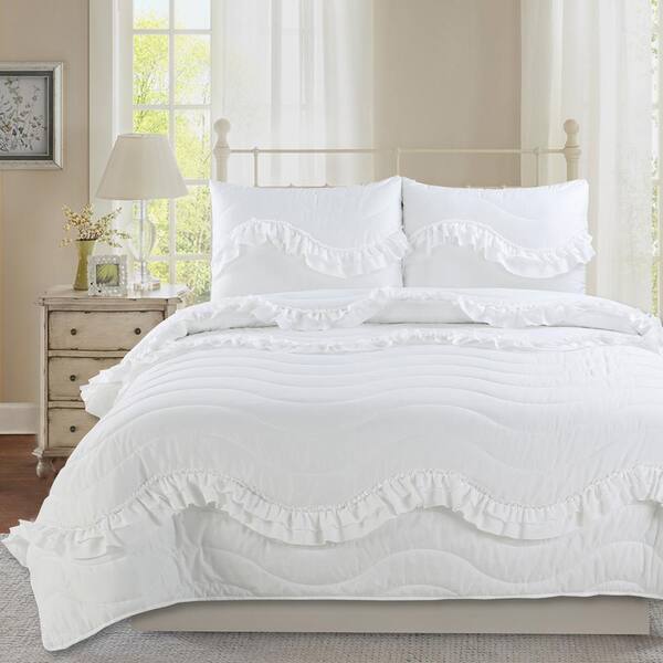 Harper Lane Charlotte 2-Piece White Microfiber Ruffle Twin Quilt Set