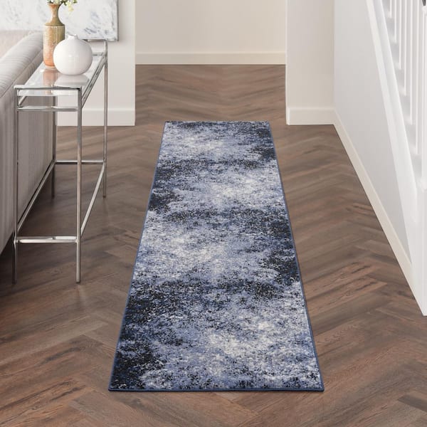 Passion Light Blue Black 2 ft. x 10 ft. Abstract Contemporary Kitchen Runner Area Rug