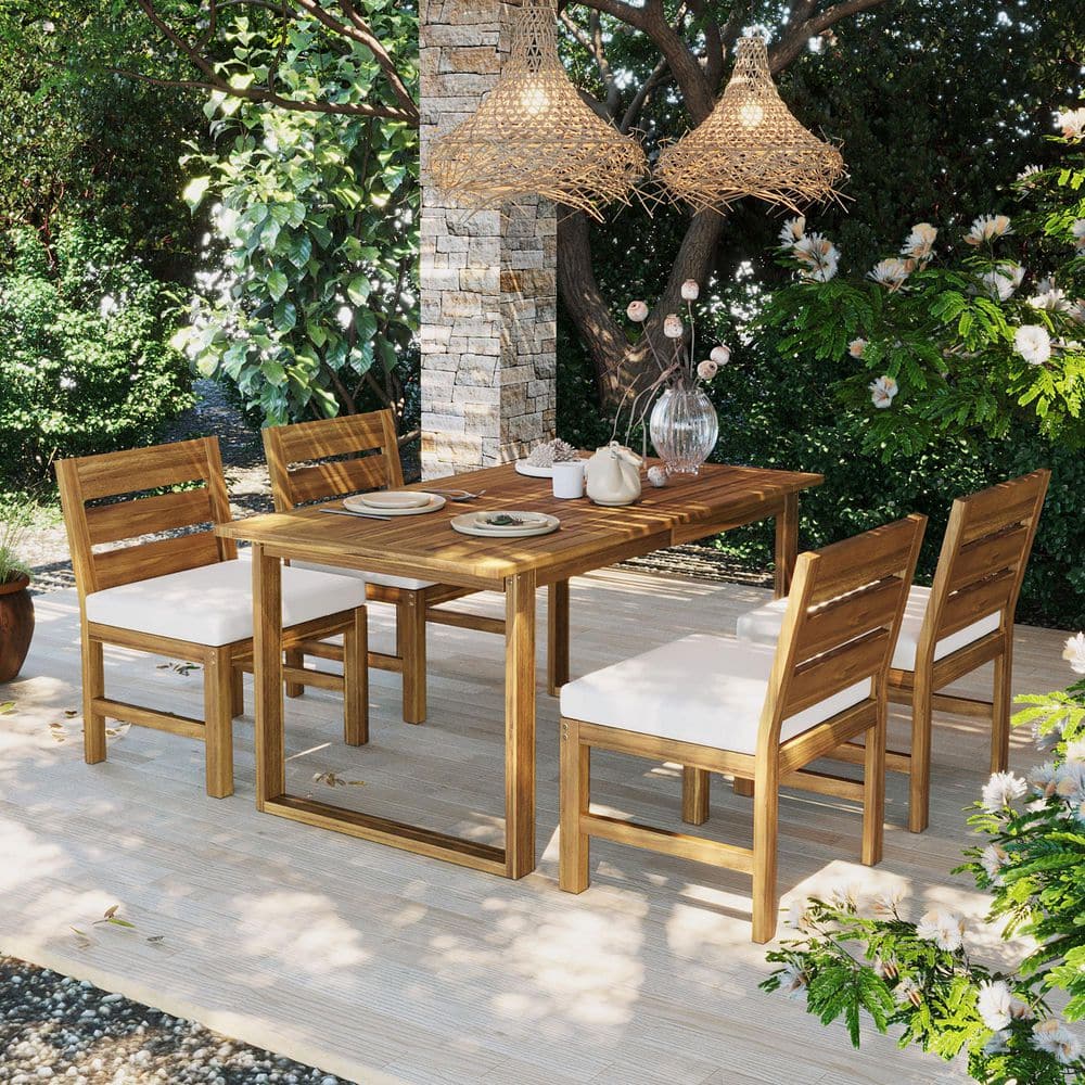 Valewood Patio 5-Piece Rectangle Natural Finish Solid Wood Outdoor Dining Set with Beige Cushions, Slat Design price history on PriceWatchPro