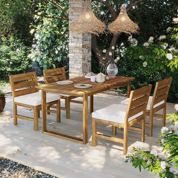 Valewood Patio 5-Piece Rectangle Natural Finish Solid Wood Outdoor Dining Set with Beige Cushions, Slat Design