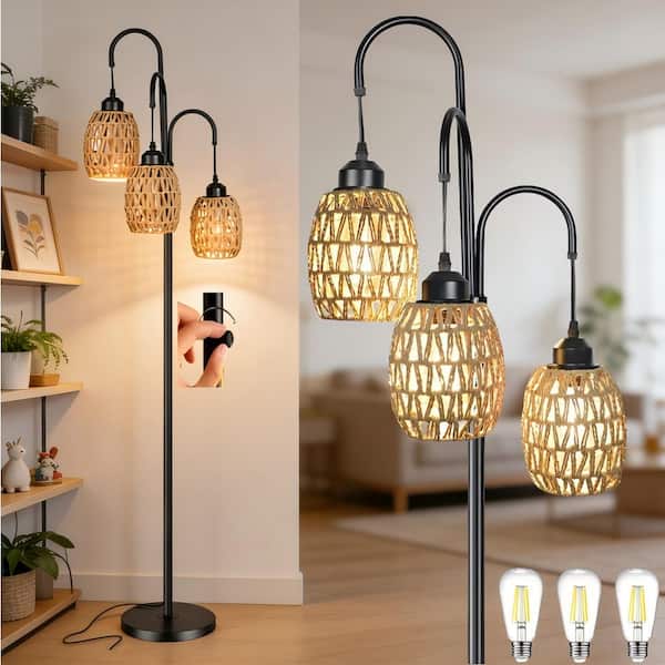 BICIK 69 in. Black Dimmable Tree Floor Lamp with 3 Arc Hanging