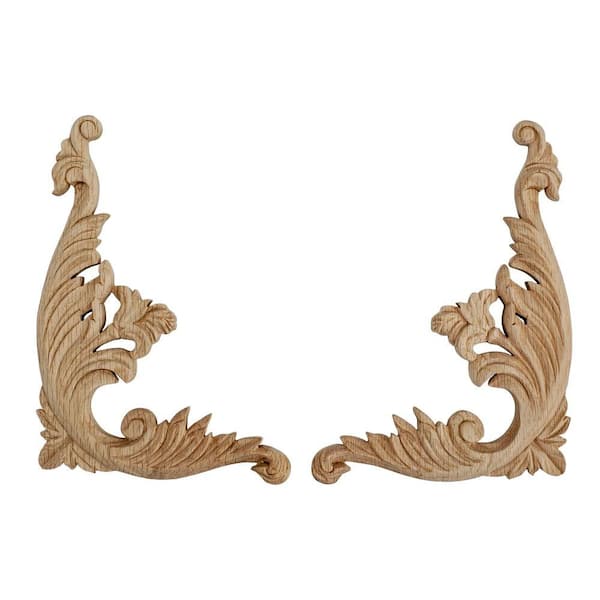 American Pro Decor 9 in. x 6-3/4 in. x 1/2 in. Unfinished Medium Hand Carved North American Solid Red Oak Wood Onlay Acanthus Wood Scroll