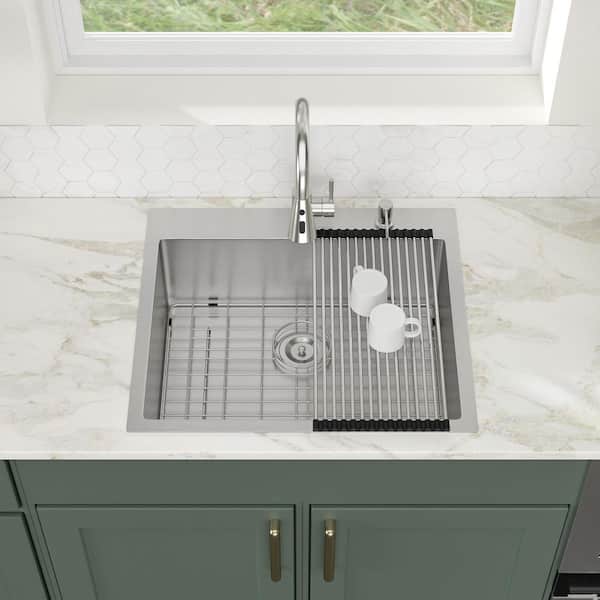 25 in. Drop-in Topmount Sink Single Bowl 16 Gauge Brushed Stainless Steel Kitchen Sink with Pull Down Faucet