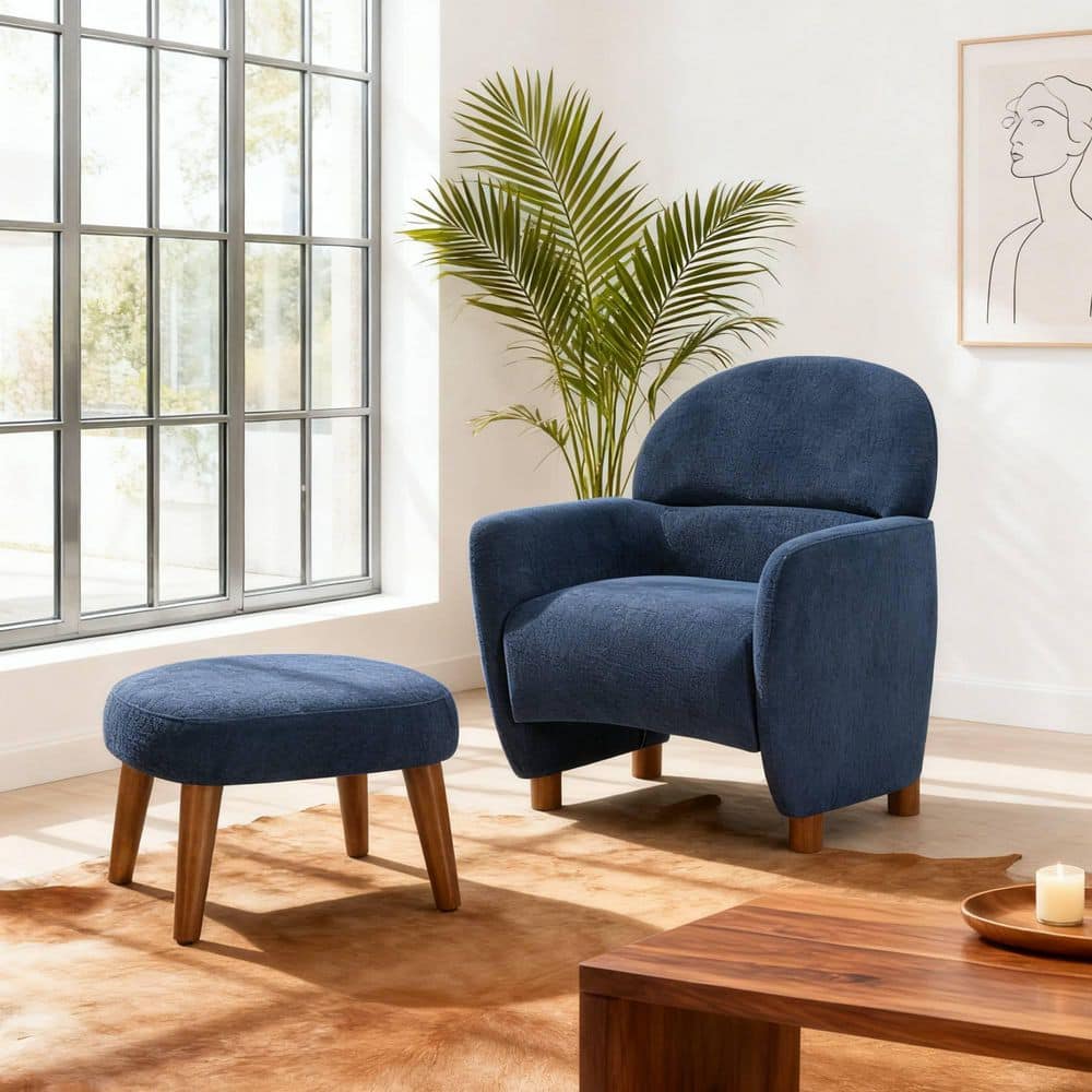 Blue Fabric Arm Chair Leisure Sofa Chair with Ottoman for Small Space