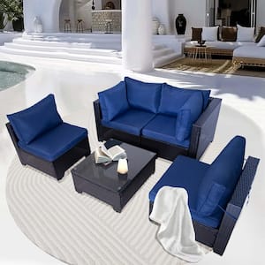 5-Piece Black Wicker Patio Conversation Set with Blue Cushions