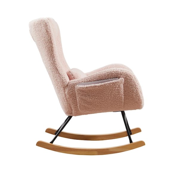 Tenleaf Brown Wood Outdoor Rocking Chair with Pink Cushion, High Backrest