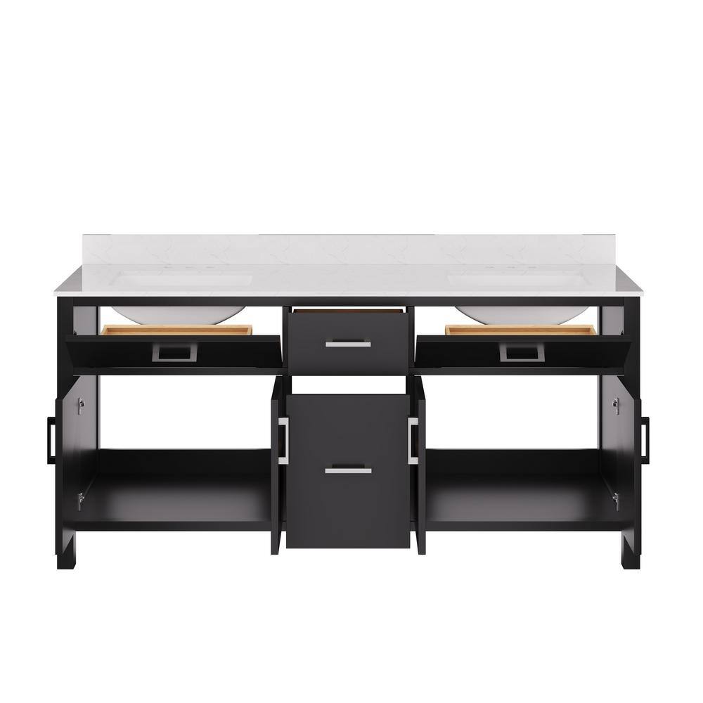72" Black Double Freestanding Bathroom Vanity with Marble Top