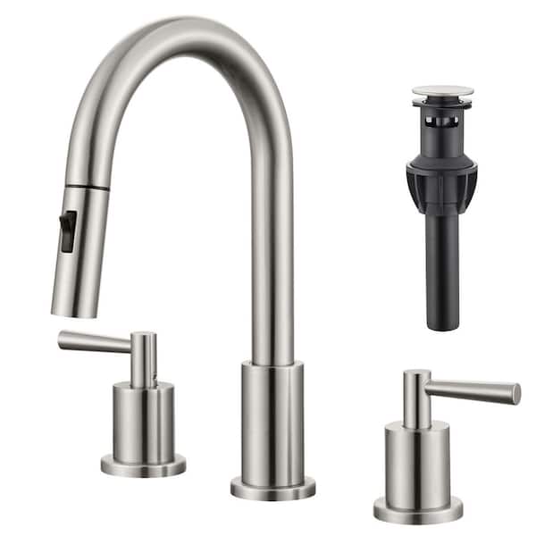 8 in. Widespread Double Handles Pull Down Bathroom Sink Faucet with Dual Mode Spout and Pop Up Drain in Brushed Nickel