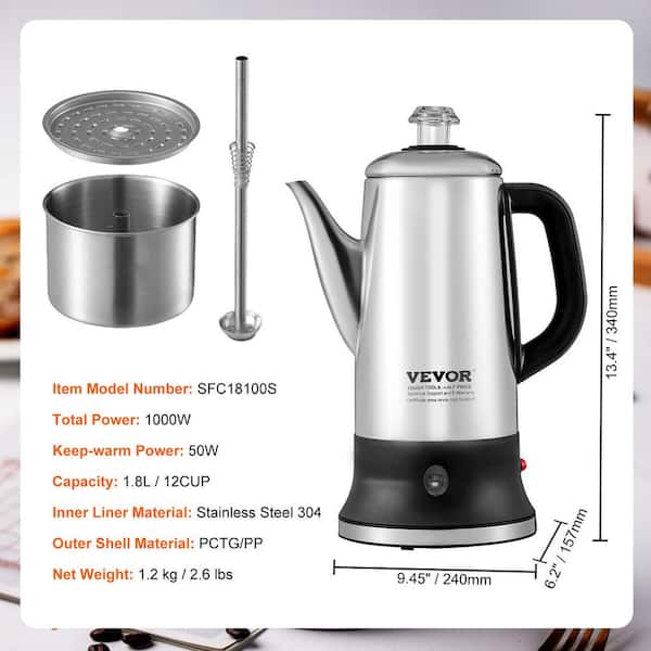 12 Cup Electric Percolator Coffee Pot 304 Stainless Steel Coffee Percolator