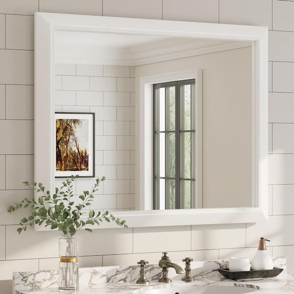 Apmir 40 in. W x 32 in. H Rectangular Aluminum Alloy Framed and Tempered Glass Wall Bathroom Vanity Mirror in Matte White