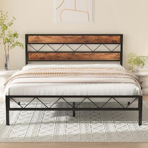 Platform Bed Frame, Black Metal Frame, Queen Size Platform Bed with Rustic Vintage Wooden Headboard, 60.2 in. Wide