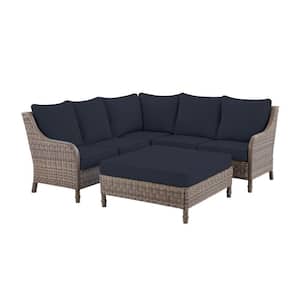 Windsor 4-Piece Brown Wicker Outdoor Patio Sectional Sofa with Ottoman and CushionGuard Midnight Navy Blue Cushions
