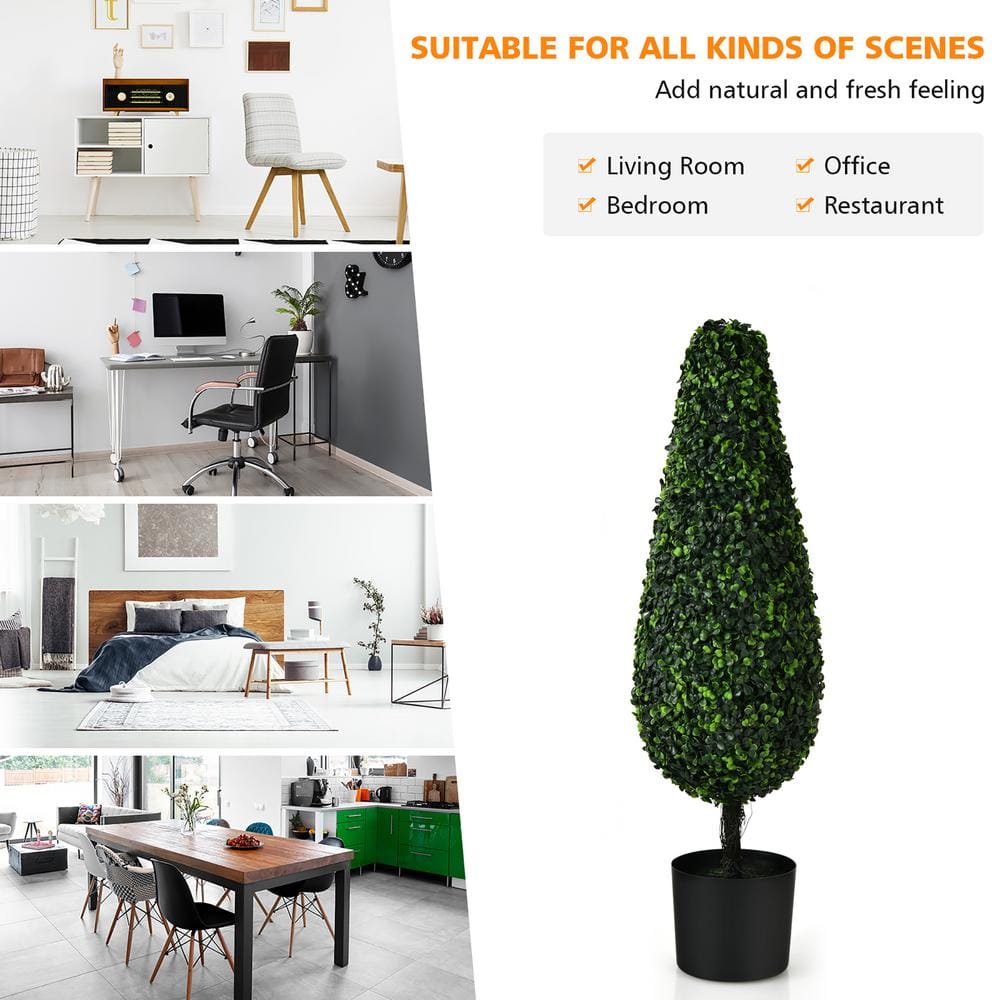 Lush Boxwood Tower Topiary in Black Plastic Pot, UV Resistant