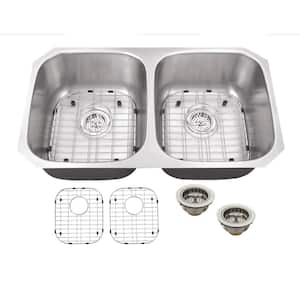 All-in-One Undermount 18-Gauge Stainless Steel 32 in. 0-Hole 50/50 Double Bowl Kitchen Sink