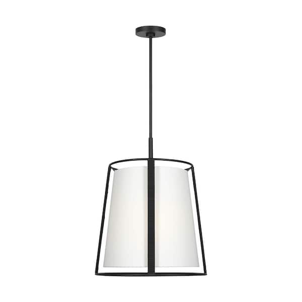 Cortes 18 in. W x 22.625 in. H 2-Light Midnight Black Transitional Pendant Light with White Linen Fabric Shade