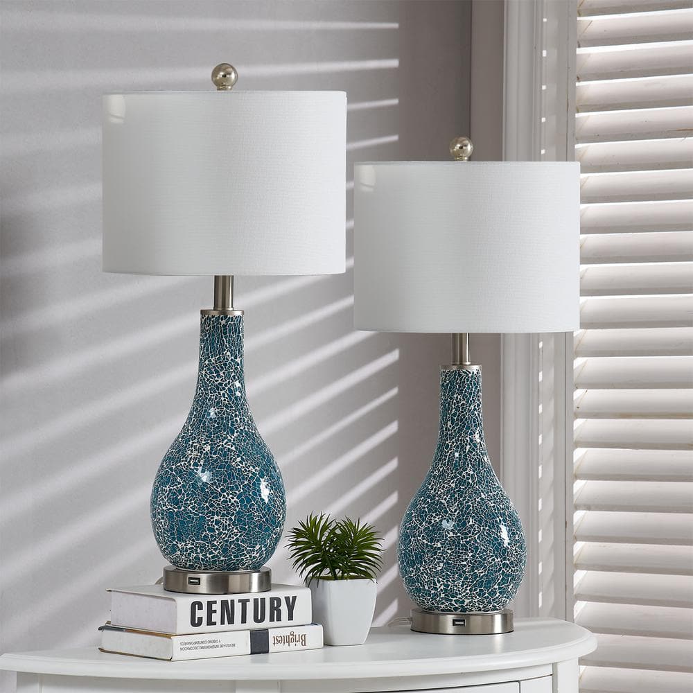 Denver 25.25 in. Green Coastal Glass Bedroom Living Room Bedside Desk Nightstand Table Lamps USB Port (Set of 2) price history on PriceWatchPro
