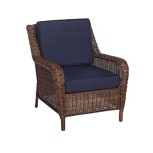 Cambridge Brown Wicker Outdoor Patio Lounge Chair with CushionGuard Midnight Navy Blue Cushions