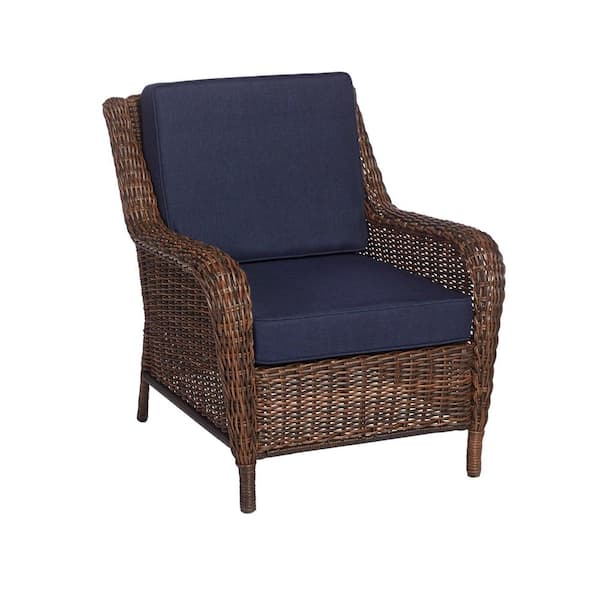 Hampton Bay Cambridge Brown Wicker Outdoor Patio Lounge Chair with CushionGuard Midnight Navy Blue Cushions