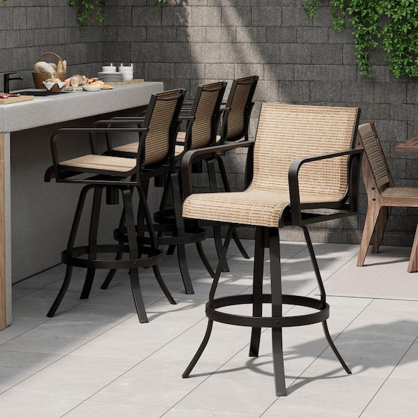 Swivel Metal Aluminum Outdoor Bar Stool in Brown Textilene Fabric (4-Pack)