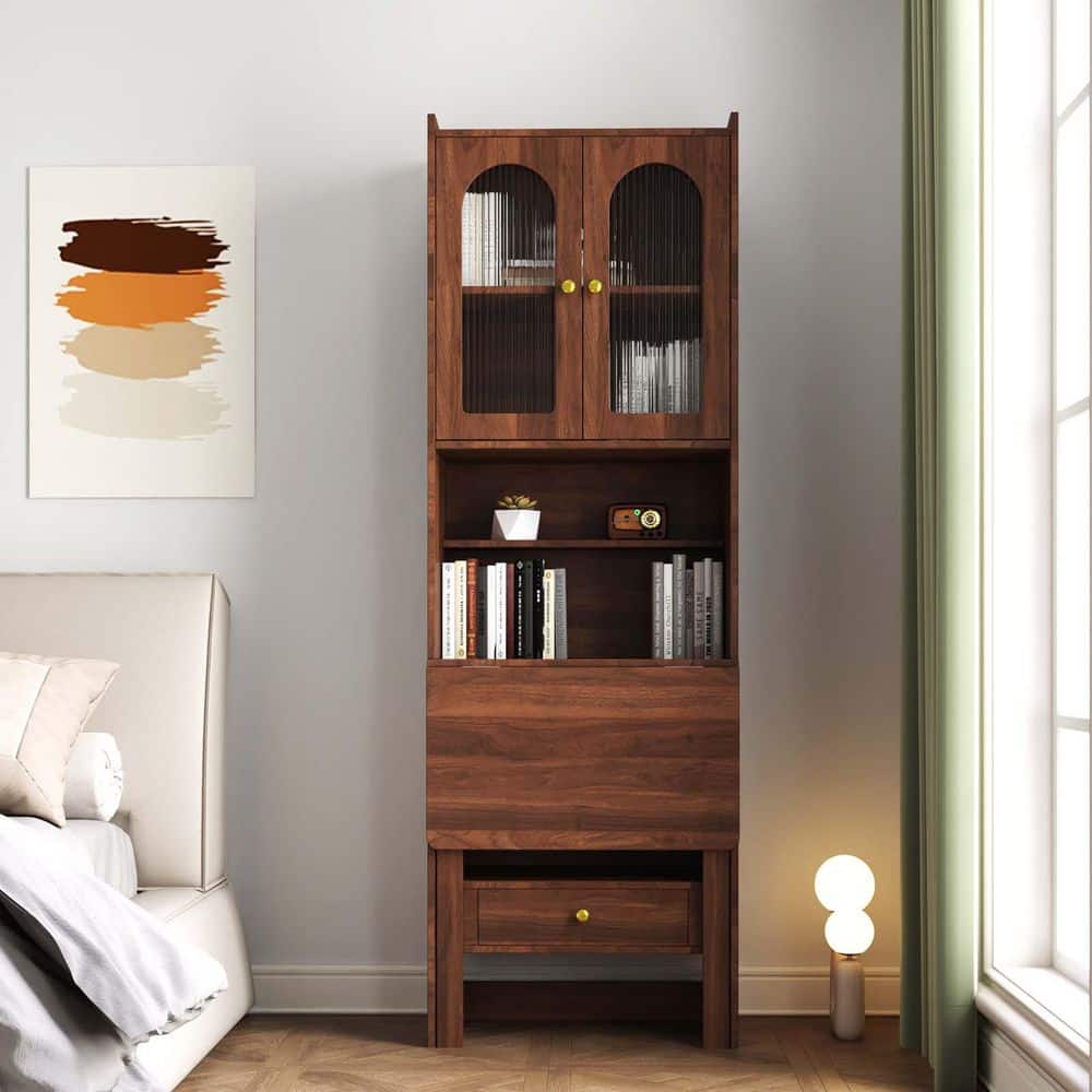 71 in. Tall Walnut Wood Bookcase Shelf Fold-Out Convertible Writing Table w
