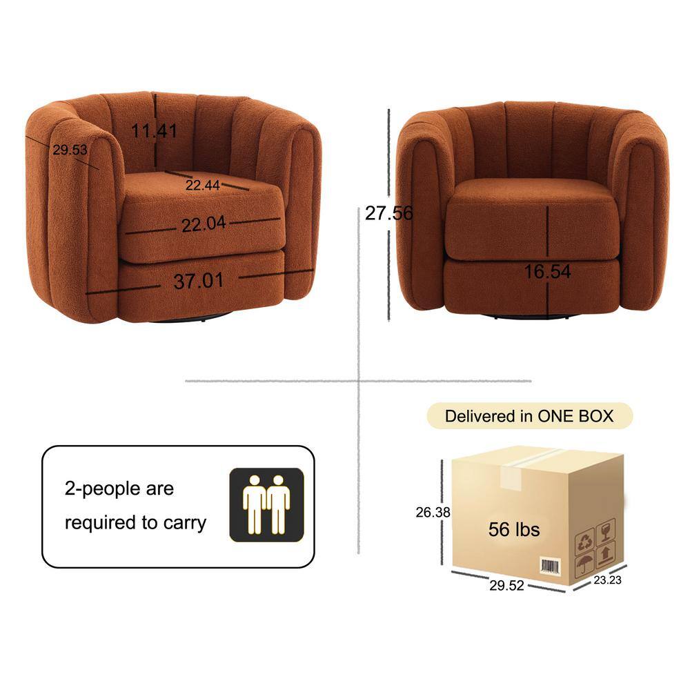 Burnt Orange Teddy Fabric Swivel Barrel Accent Chair with Wood Frame