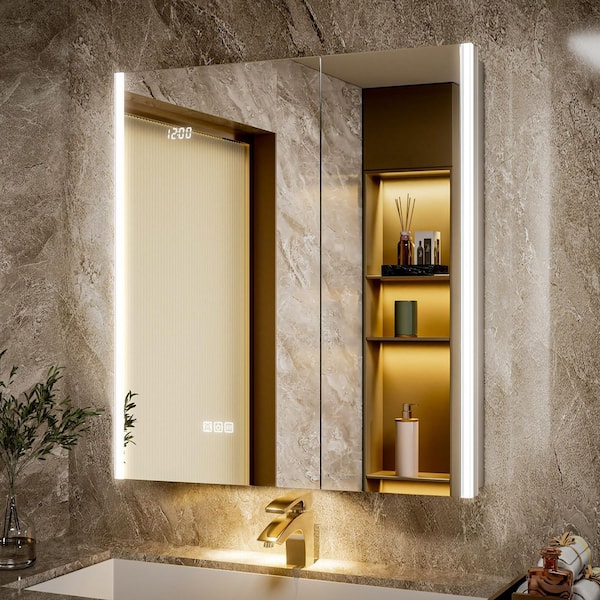 30 in. W x 32 in. H Rectangular Aluminum Surface/Recessed Wall Medicine Cabinet with Mirror and Light, Dimmable