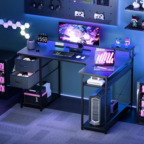 51 in. W Black Gaming Desk with Drawers Carbon Fiber Style L-Shaped Computer Desk