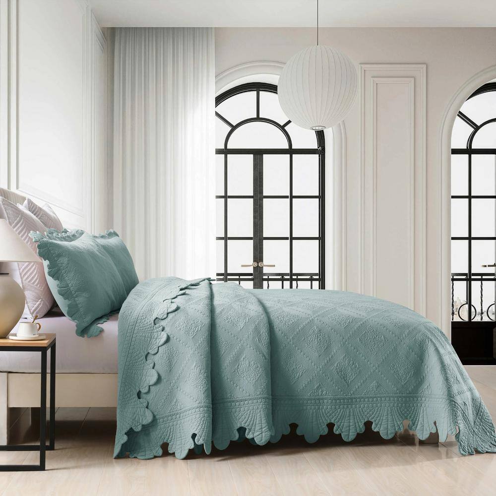 Aqua Green Cotton Reversible Queen Bedspread Set
