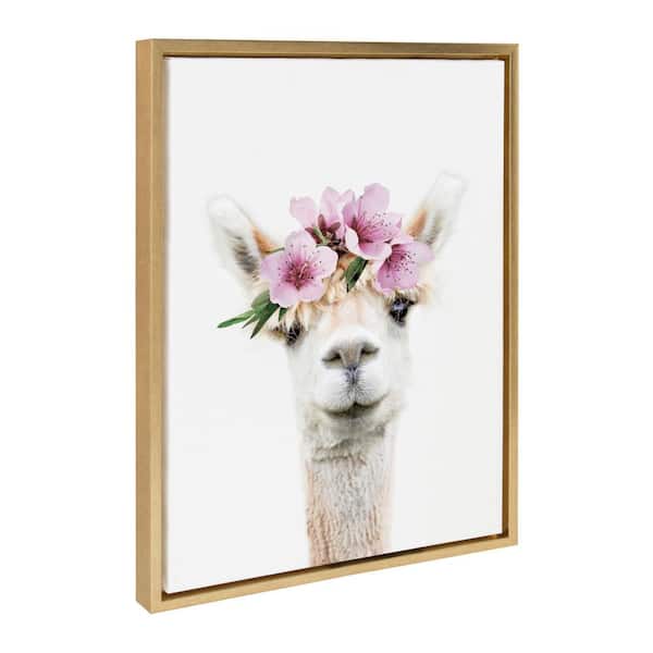 Kate and Laurel Sylvie Flower Crown Alpaca Framed Canvas by Amy Peterson Art Studio (Set of 1) Animal Art Print 18.00 in. x 24.00 in.