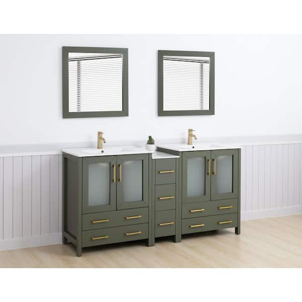 72 in. W x 18 in. D x 36 in. H Vintage Green Bath Vanity with White Ceramic Top and Mirror