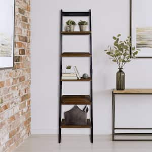 Kavari 76 in. Tall Black/Walnut Solid American Gumwood 5-Tier Leaning Ladder Bookcase