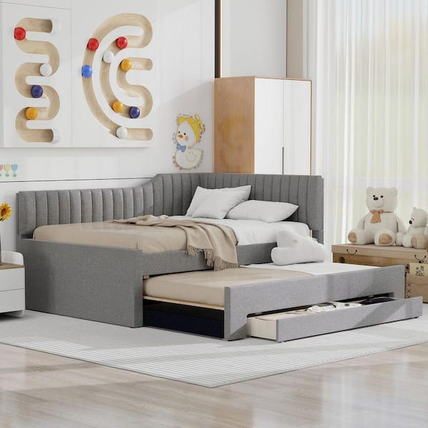 Gray Full Upholstered Daybed with Trundle and Three Drawers